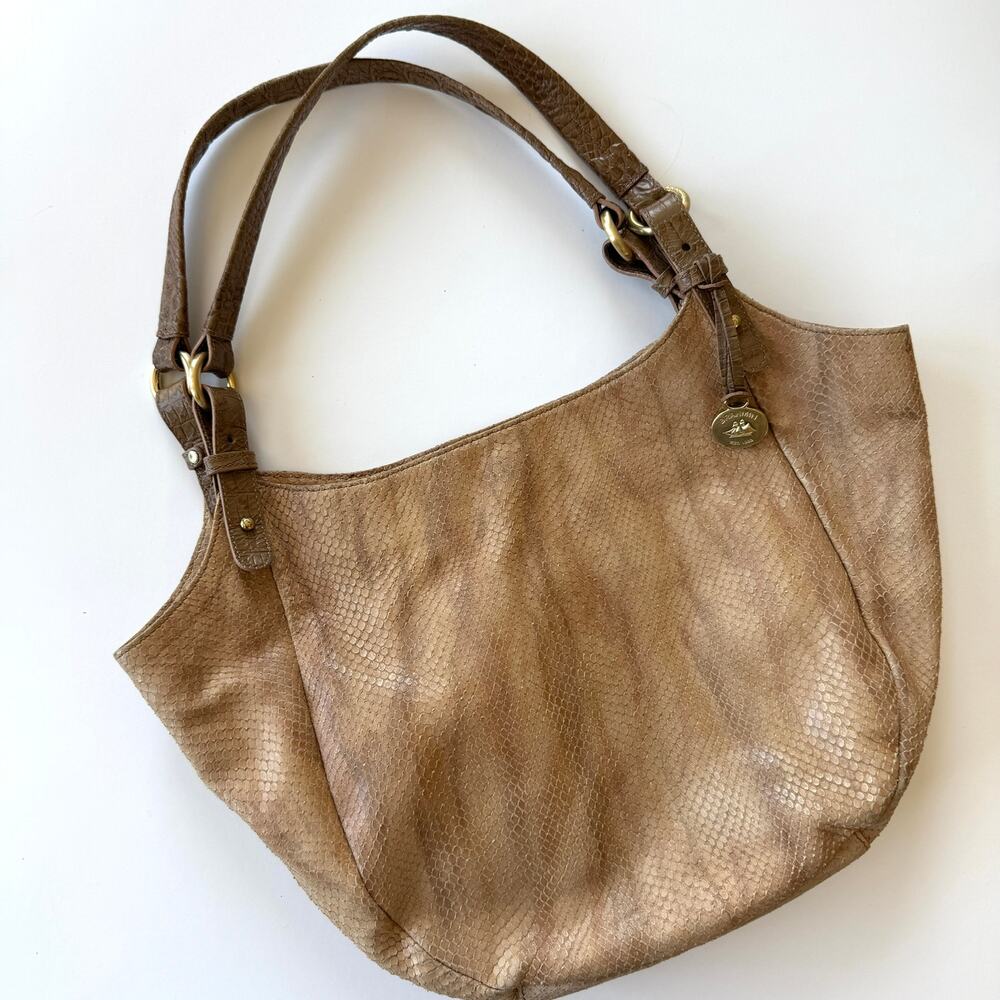 BRAHMIN Snakeskin Embossed Leather Hobo Shoulder Bag Tan‎ Neutral Boho Textured
